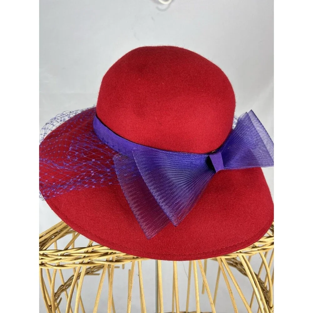 Vintage 100% Wool Red Wide Brim Derby Hat Purple Bow Church Tea Party